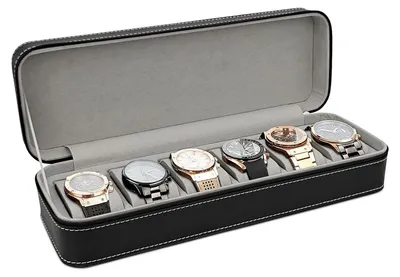 Imagen del producto de Caja de almacenamiento para relojes con 6 compartimentos, fabricada en cuero sintético (PU) y con cierre de cremallera