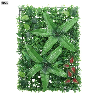 Image de Mur végétal artificiel - 9 panneaux muraux - 60x40 cm - Plastique résistant aux UV - Tapis de gazon - Brise-vue - Mur végétal décoratif d'intérieur - Fond vert