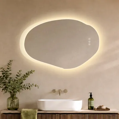Image de S'AFIELINA Miroir Salle de Bain LED 55 × 85 cm, Asymétrique, Sans Cadre,3 couleurs d’éclairage, luminosité réglable, anti-buée et mémoire