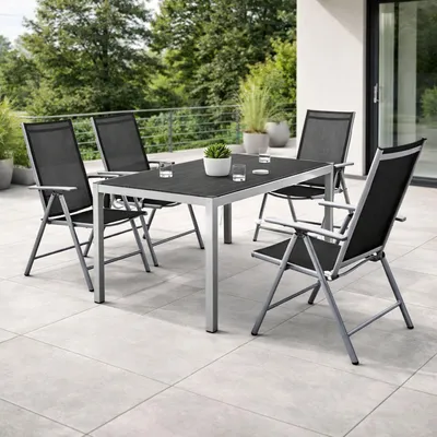 Produktbild von 5tlg Alu Gartenmöbel Gartengarnitur Tisch 150x90cm Klappstuhl Textilen
