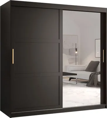 Produktbild von MIRJAN24 Kleiderschrank Riflo Ramiro 2 180, Schwebetürenschrank mit zwei Kleiderstangen, Garderobe mit Frontspiegel (Farbe: Schwarz, Größe: 180 cm)