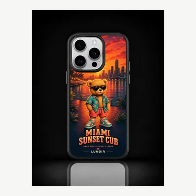 Imagen del producto de Funda para iPhone 15 Pro, carcasa protectora con diseño del atardecer de Miami – LUNØIR ©