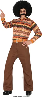 A man wearing a 70s disco outfit, posing against a white background.
