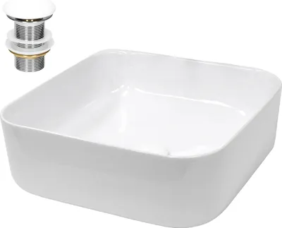 A white ceramic square sink and a chrome drain assembly are shown against a white background.