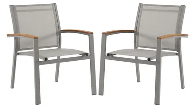 Produktbild von 2er-Set stapelbarer Gartensessel aus Aluminium und Textil - Taupe und Akazienarmlehnen - TAIPIVAI von MYLIA