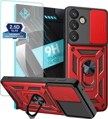 Produktbild von Armor Handyhülle für Samsung Galaxy S25+ mit 9H Displayglas Displayschutz Kameraschutz Handy Panzer Case Cover Schutzhülle Outdoor Farbe: Rot