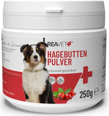 A white plastic tub of dog food supplement with a picture of a dog and rosehips on the label.