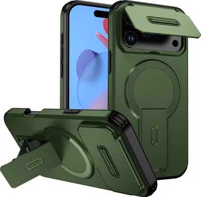 Obrázek produktu pro Magnetické pouzdro pro iPhone 17 Pro Max, dvouvrstvé odolné pouzdro s posuvnou ochranou fotoaparátu a nastavitelným stojánkem Zelená
