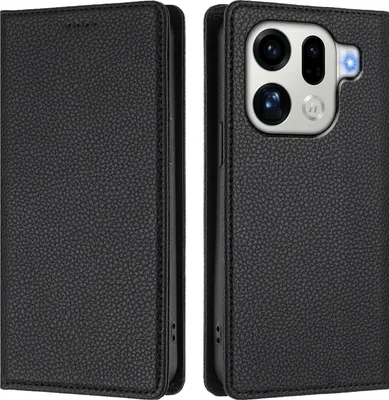 Obrázek produktu pro Kožené pouzdro pro Oppo Find X9 Pro, Litschi kůže, peněženkové pouzdro s přihrádkami na karty a stojánkem Černý
