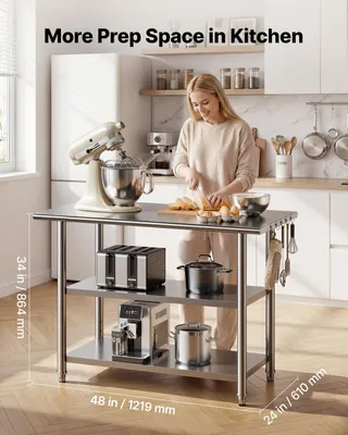 Produktbild von Arbeitstisch aus Edelstahl, 61 x 122 cm, Vorbereitungstisch für Lebensmittel mit 2 Ablagen, Arbeitsstation für professionelle Küchen, robuster Metall-Arbeitstisch für den gewerblichen und privaten Gebrauch, geeignet für Restaurants, Hotels, Werkstätten, Garagen und den Außenbereich