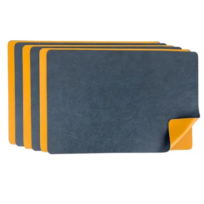 Produktbild von Platzset 6er Set Kunstleder abwaschbar, Wendbares Tischset 45x30cm, Platzdeckchen Modern (Navy/Curry)
