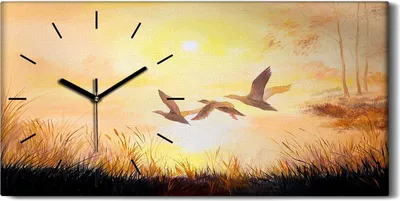 Produktbild von Dekor Leinwand Uhr Wandbilder 60x30 Malerei Kraniche bei Sonnenuntergang - schwarze Hände