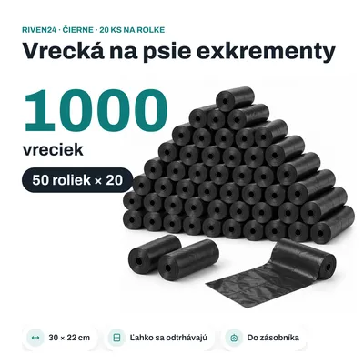 Obrázok produktu pre RIVEN24 Vrecká na psie exkrementy čierne, 1000 ks (50 roliek × 20), 30 × 22 cm, do zásobníka