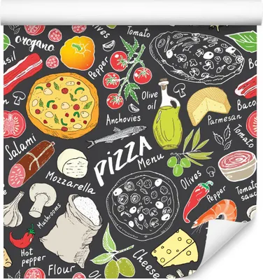 Zdjęcie produktu dla Tapeta Kuchenna PIZZA Oliwki Pomidory Ser Napisy Nowoczesny styl z modnym efektem 3D