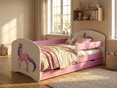Obrázek produktu pro Dětská postýlka Happy Babies – sada s matrací, zásuvkou a ochranným mantinelem, 70 x 140 cm, dětské postýlky pro holčičky a chlapce, dětská postel, jednorožec