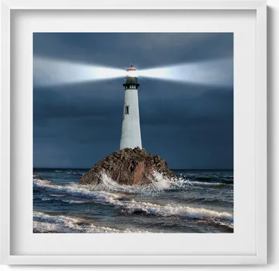 Produktbild von Leuchtturm– Wandbild mit Rahmen – Gerahmtes Bild  – Wanddekoration – 50x50 cm –  Weiß Rahmen