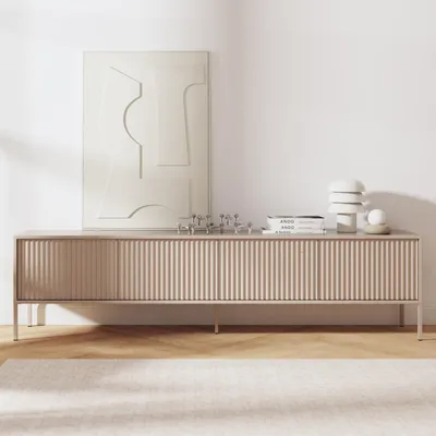 Produktbild von BEAUTYSOFA | TV-Schrank NOTO 200 cm Kaschmir, Fernseherschrank mit 4 Türen, offene Ablage und geriffelten Fronten, Push-to-Open-System