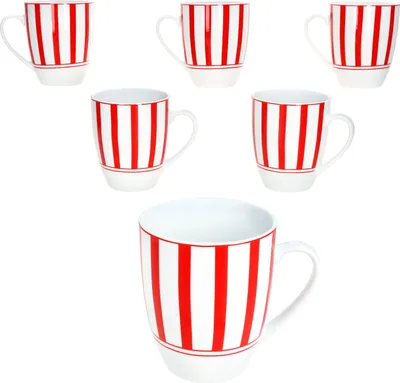 Zdjęcie produktu dla Split czerwone paski zestaw 6 kubków do kawy 300ml kubek porcelanowy 6 os. herbata kakao paski