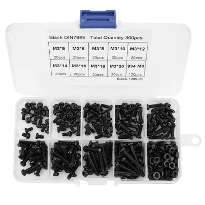 Image de Assortiment de 300 pièces comprenant des vis, des boulons et des écrous M3 en acier au carbone noir, à tête bombée et à empreinte cruciforme