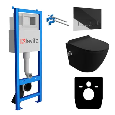Produktbild von Lavita LAV 101 Vorwandelement für WC 40cm + Wand Hänge Tiefspül WC SALTO Schwarz Spülrandlos + Bedienplatte LAV 200.3.2 Verchromt | Komplettset | Unterputz Spülkasten | Toilette Komplett Sett