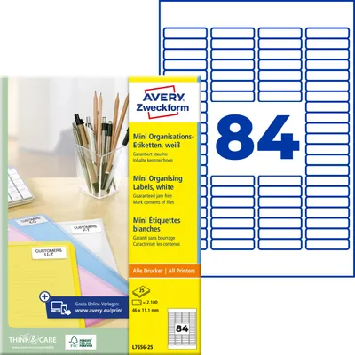 Produktbild von Avery Zweckform L7656-25, Mini-Organisations-Etiketten, A4, 46 x 11,1 mm, 2.100 Etiketten / 25 Bögen, weiß