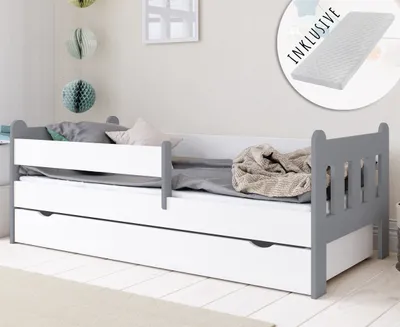 Produktbild von Kinderbett 80x160 | 80x180 | 90x200 cm mit Matratze, Schublade, Rausfallschutz & Lattenrost in weiß-grau 160 x 80 Mädchen Jungen Bett