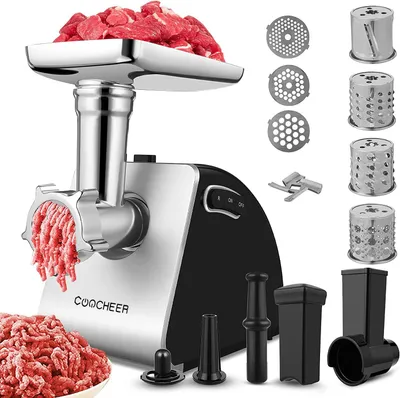 Fleischwolf 5-in-1, 2000 W, 4 Messer, 3 Edelstahl-Scheiben, Schwarz