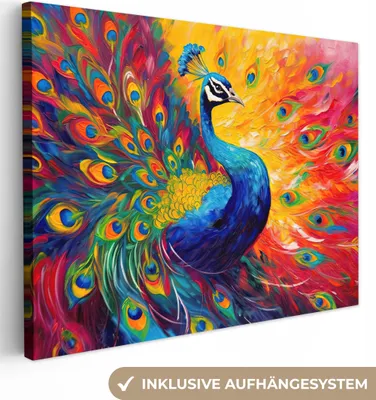 Obrázok produktu pre MuchoWow® - Plátno - Páv - Umenie - Maľba - Pávie perá, nástenná maľba, nástenné dekorácie, obývacia izba, 120x90cm