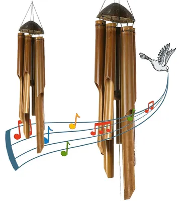 Produktbild von Tokoindah Bambus-Windspiel Set 90 + 100 cm hängend, 2 Klangspiele aus Naturbambus & Kokosnuss für draußen, Garten & Terrasse, wetterfest