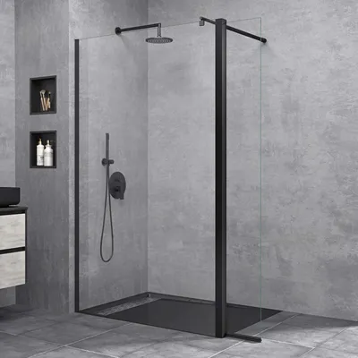 Produktbild von doporro Duschwand 130x200cm Walk-In mit 30cm Nebenteil, 10mm Duschabtrennung schwarz Bremen mit rundem Stabilisator, Nanobeschichtung