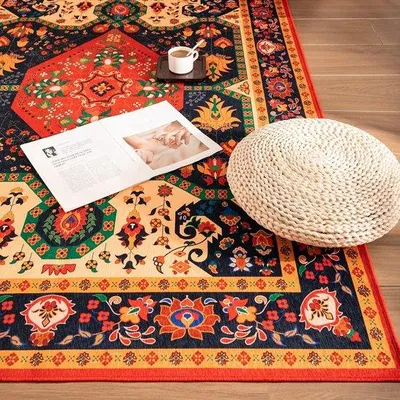 Image de Tapis bohème lavable Unyqoos® de 122 x 183 cm – antidérapant, à poils courts, style vintage, rectangulaire, facile d'entretien, idéal pour les salons et les chambres