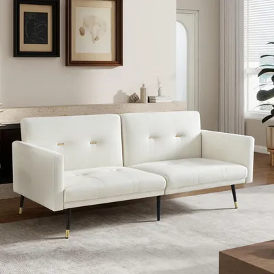 Produktbild von Klappbare 150 cm Schlafcouch als Futon-Sofa, 5-fach verstellbare Rückenlehne, Loveseat für kleine Räume, Gästebett, Beige