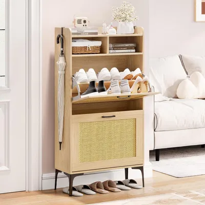 Produktbild von Dripex Schuhschrank mit Rattan-Dekoration, mit 2 klappbaren Schubladen, und Metallfüßen für Eingang, Flur, Wohnzimmer (Rattan eichenfarbig, 60 cm)