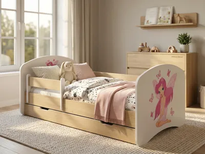 Produktbild von Juniorbett 140x70 cm "Happy" inkl. Bettkasten | Kinderbett mit Rausfallschutz | Nachbildung Helle Birne für Kinderzimmer, Prinzessin, Mädchen