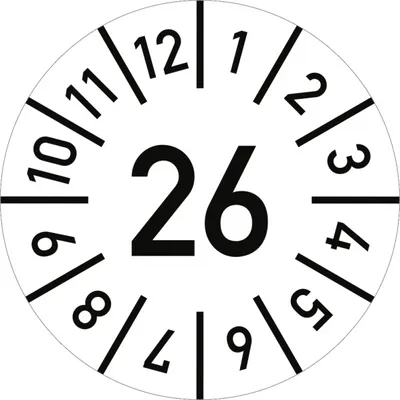 Produktbild von Dreifke® Prüfplakette Jahr 26 mit Monaten, weiß, Folie, Ø 25 mm, 10 Stück/Bogen