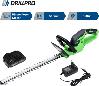 Produktbild von Drillpro DWK-Y0A01-020 Akku-Heckenschere, 21V, 550W, Doppelklinge 510mm lange Schnittlänge, 16mm Astdurchmesser, verstellbarer Griff, mit 1 Akku