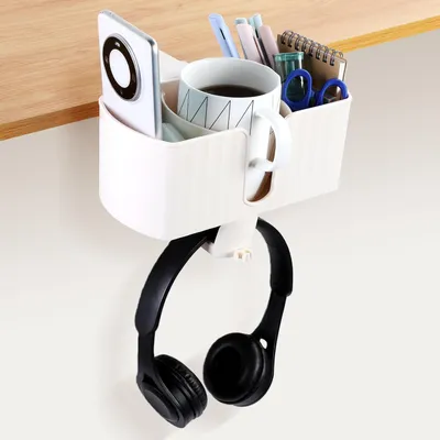 Imagen del producto de Soporte para auriculares 4 en 1, giratorio, con portavasos, para colocar debajo del escritorio, ideal para oficinas