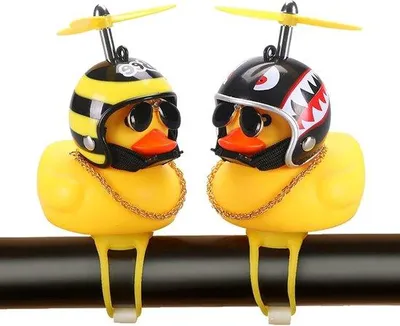 Produktbild von Auto-Set van 2 rubberen eend auto-ornamenten, gelbe Eichel für das Auto, knippbare Eichel Fahrrad-Bell mit Propellerhelm, Gurt und goldenem Gurt