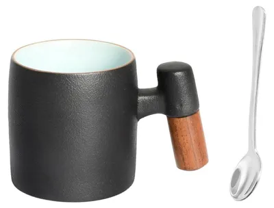 Immagine prodotto di Set di tazze per espresso in Vetroceramica, colore nero e azzurro chiaro, capacità 70 ml, con manico in legno e cucchiaino