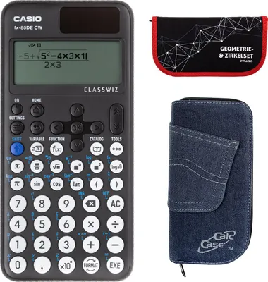 Produktbild von Casio FX-85 DE CW mit Jeans-Tasche dunkelblau und Zirkelset rot