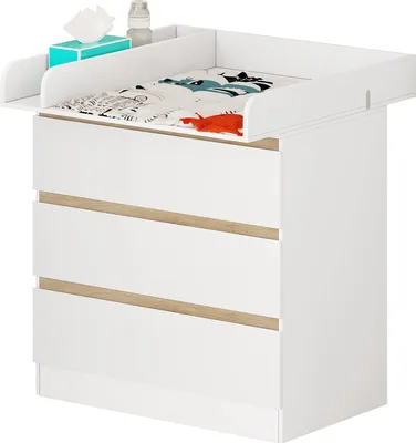 Produktbild von WOLTU Wickelkommode mit Wickelaufsatz abnehmbar, mit 3 Schubladen, Weiß+Eiche