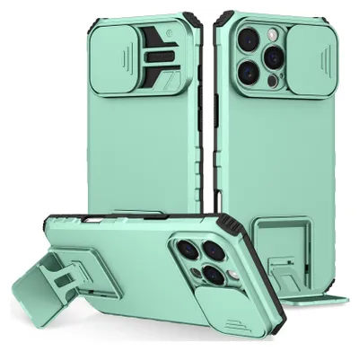 Obrázek produktu pro Pouzdro pro iPhone 16 Pro dvouvrstvé robustní, vojenská ochrana pouzdro s stojánku a posuvnou ochranou kamery Světle zelené
