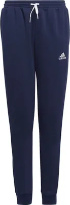 A pair of navy blue Adidas sweatpants shown flat against a white background.