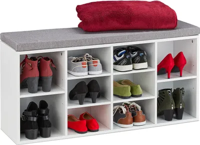 Zdjęcie produktu dla Ławka na buty Relaxdays z siedziskiem, 10 przegródek, wymiary: 52,5 x 104 x 30 cm, ławka do przedpokoju, tapicerowana ławka do przedpokoju, biała