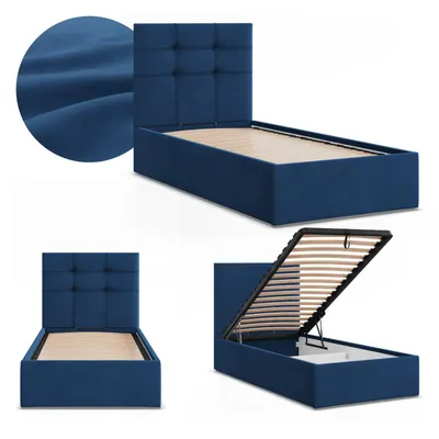 Produktbild von Polsterbett SORIA 90x200 Samt mit Bettkasten und hochklappbarem Metall-Lattenrost, Einzelbett Blau