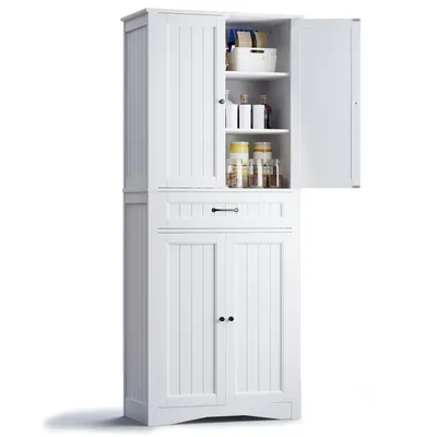 Zdjęcie produktu dla BEALIFE Wysoka szafka z 4 drzwiami i 1 szufladą | 73x42x180 cm z zabezpieczeniem przed przechyleniem do jadalni, sypialni i magazynu | Biały/brązowy/czarny | AP16