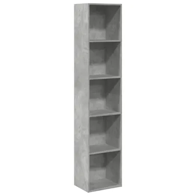 A tall, narrow, five-shelf bookshelf with a concrete-like finish, presented against a white background.