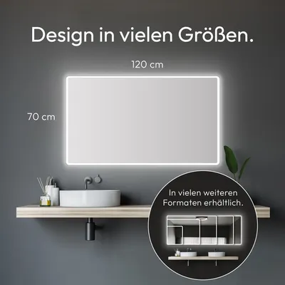 A bathroom vanity with a sink and a large LED mirror above it.