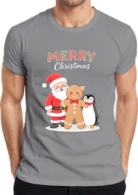 Produktbild von Merry Christmas Weihnachtsmann Lebkuchenmann Pinguin Weihnachten Herren T-Shirt, Grau, XXL