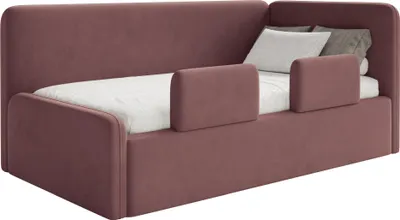 Produktbild von Selsey Fanko – Kinderbett 90x200 cm mit Rausfallschutz, Matratze, Kopfteil rechts, Samt,Rosa
